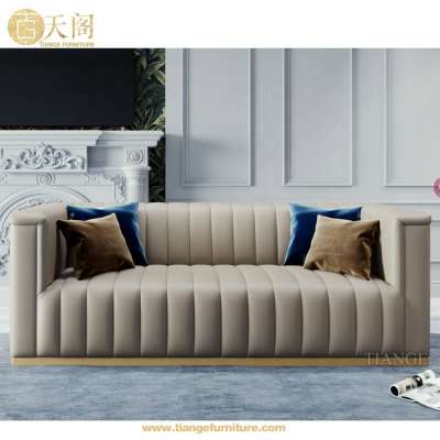 Contemporary Modern Furniture Antique Brass Metal Frame Love Seat Leather Sofa