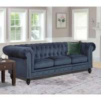 Modern Blue Velvet Tufted Linen Chesterfield Sofa 3 Seat Sleeper Chesterfield Sofa Set